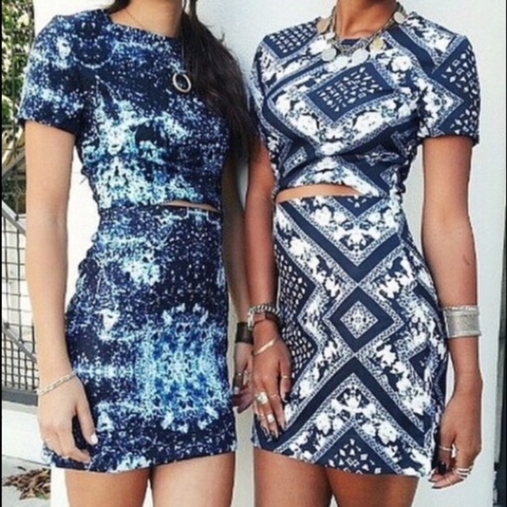 LF blue marble patterned dress with stomach cutout